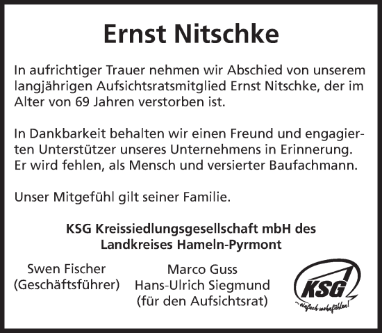 Traueranzeige von Ernst Nitschke von Deister- und Weserzeitung