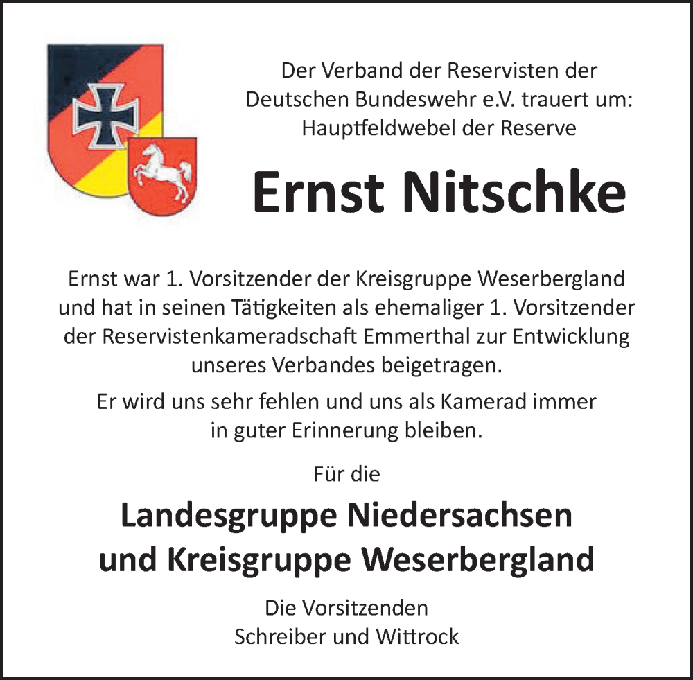  Traueranzeige für Ernst Nitschke vom 15.04.2023 aus Deister- und Weserzeitung