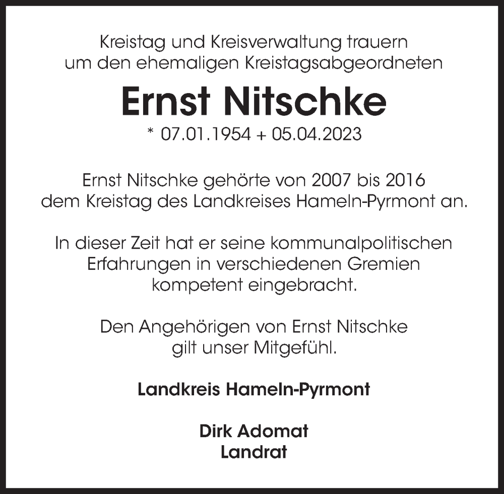  Traueranzeige für Ernst Nitschke vom 18.04.2023 aus Deister- und Weserzeitung