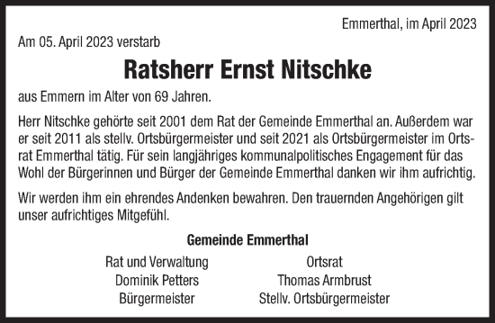 Traueranzeige von Ernst Nitschke von Deister- und Weserzeitung