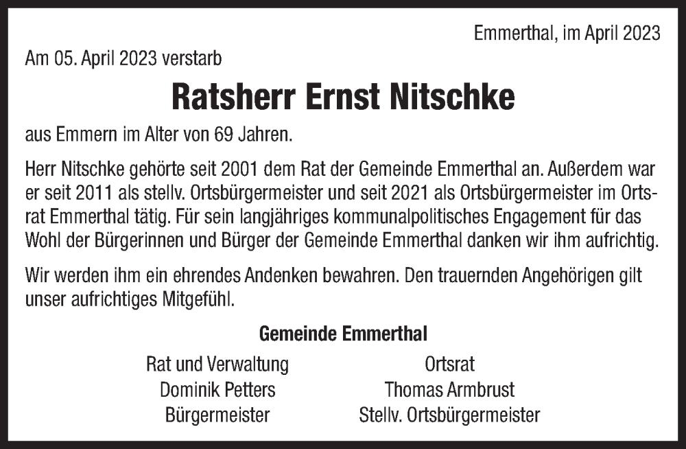  Traueranzeige für Ernst Nitschke vom 15.04.2023 aus Deister- und Weserzeitung