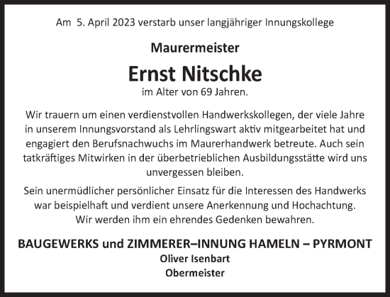 Traueranzeige von Ernst Nitschke von Deister- und Weserzeitung