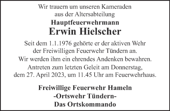 Traueranzeige von Erwin Hielscher von Deister- und Weserzeitung