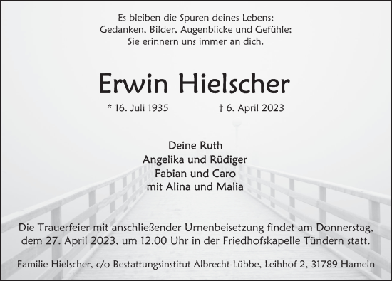 Traueranzeige von Erwin Hielscher von Deister- und Weserzeitung
