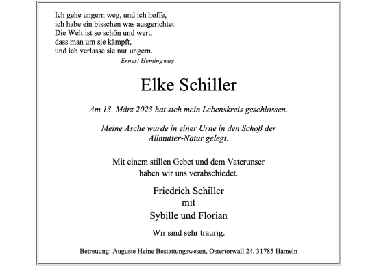 Traueranzeige von Elke Schiller 