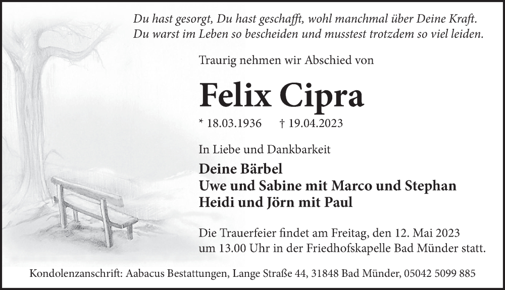  Traueranzeige für Felix Cipra vom 06.05.2023 aus Neue Deister-Zeitung