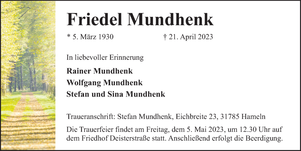  Traueranzeige für Friedel Mundhenk vom 29.04.2023 aus Deister- und Weserzeitung