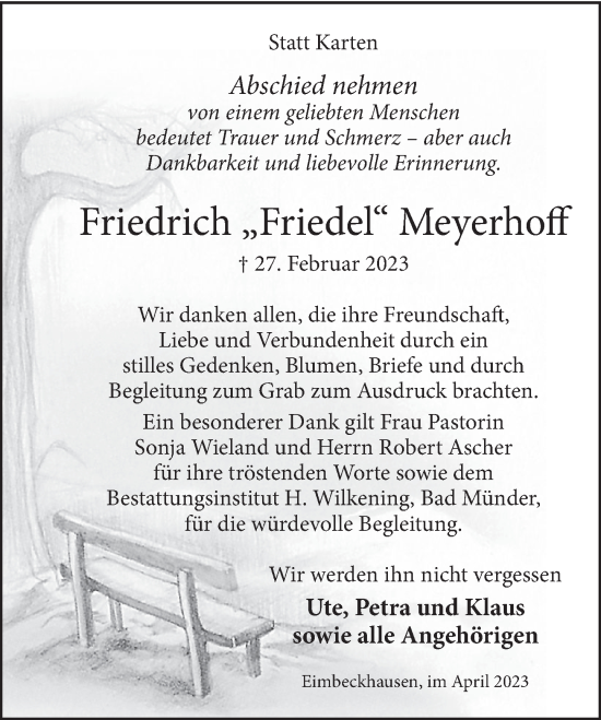 Traueranzeige von Friedrich Meyerhoff von Neue Deister-Zeitung