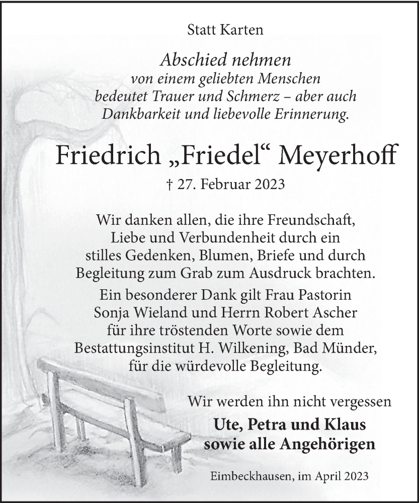  Traueranzeige für Friedrich Meyerhoff vom 08.04.2023 aus Neue Deister-Zeitung