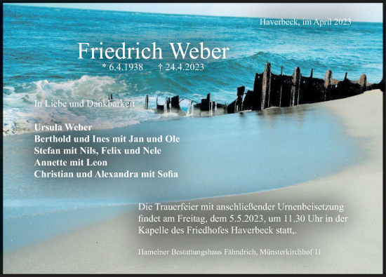 Traueranzeige von Friedrich Weber von Deister- und Weserzeitung