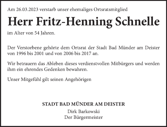 Traueranzeige von Fritz-Henning Schnelle von Neue Deister-Zeitung
