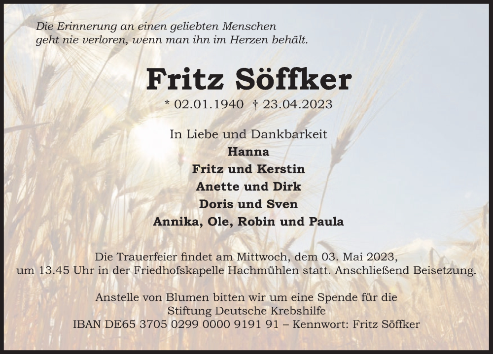  Traueranzeige für Fritz Söffker vom 29.04.2023 aus Deister- und Weserzeitung