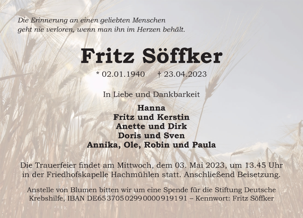  Traueranzeige für Fritz Söffker vom 29.04.2023 aus Neue Deister-Zeitung