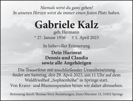 Traueranzeige von Gabriele Kalz von Neue Deister-Zeitung