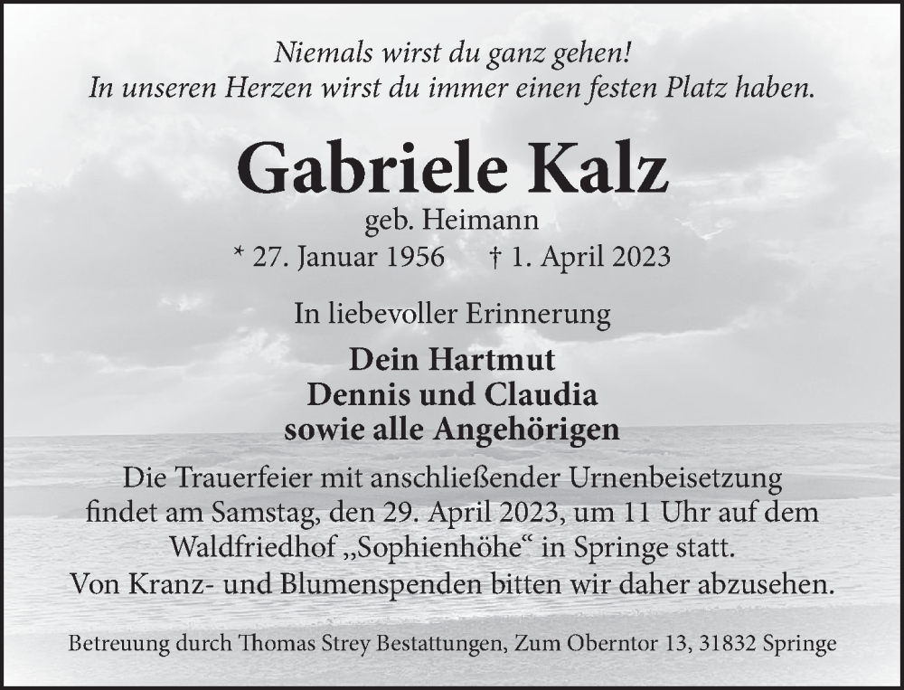  Traueranzeige für Gabriele Kalz vom 22.04.2023 aus Neue Deister-Zeitung