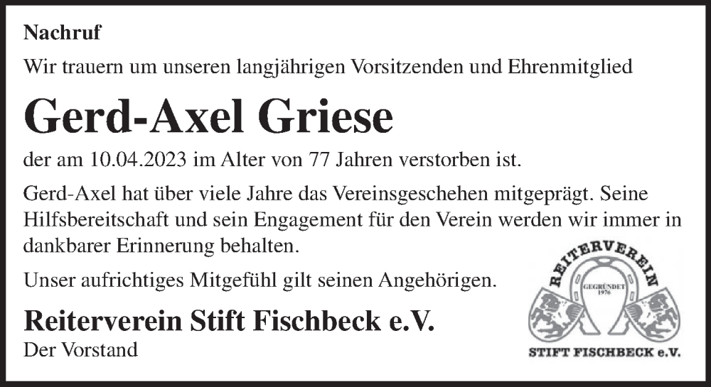 Traueranzeigen Von Gerd-Axel Griese | Trauerportal Ihrer Tageszeitung