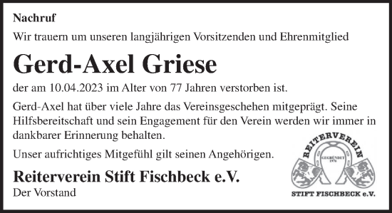 Traueranzeige von Gerd-Axel Griese von Deister- und Weserzeitung