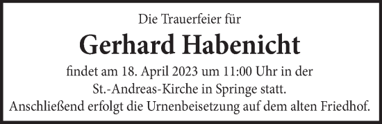 Traueranzeige von Gerhard Habenicht von Neue Deister-Zeitung