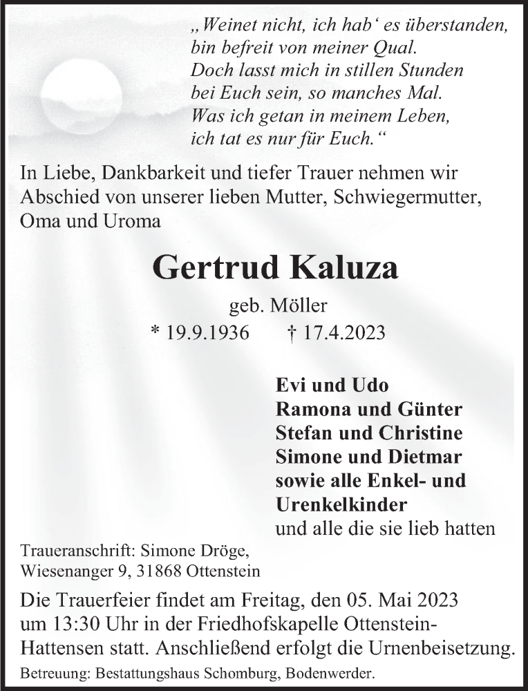  Traueranzeige für Gertrud Kaluza vom 29.04.2023 aus Deister- und Weserzeitung
