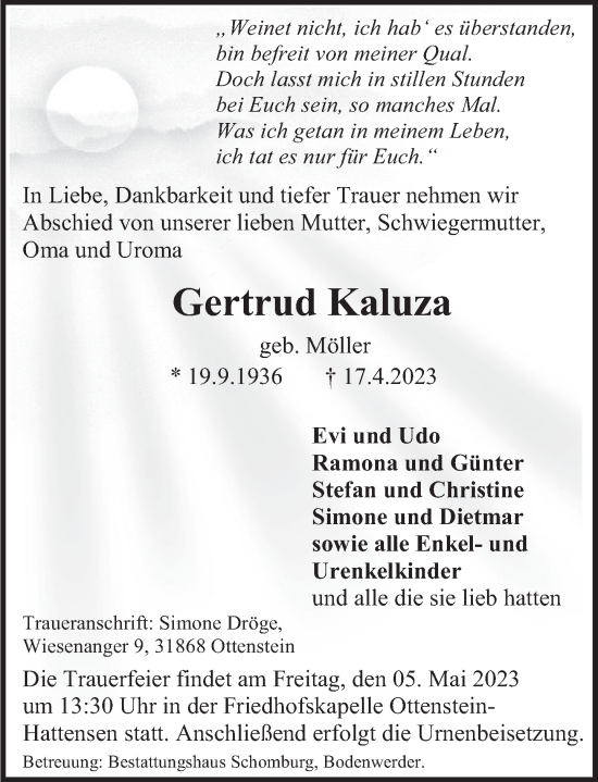 Traueranzeige von Gertrud Kaluza von Deister- und Weserzeitung