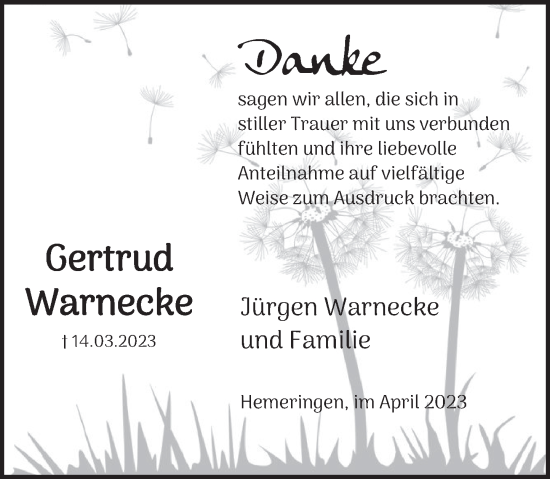 Traueranzeige von Gertrud Warnecke von Deister- und Weserzeitung