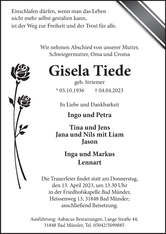 Traueranzeige von Gisela Tiede von Neue Deister-Zeitung