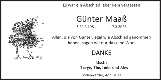 Traueranzeige von Günter Maaß von Deister- und Weserzeitung
