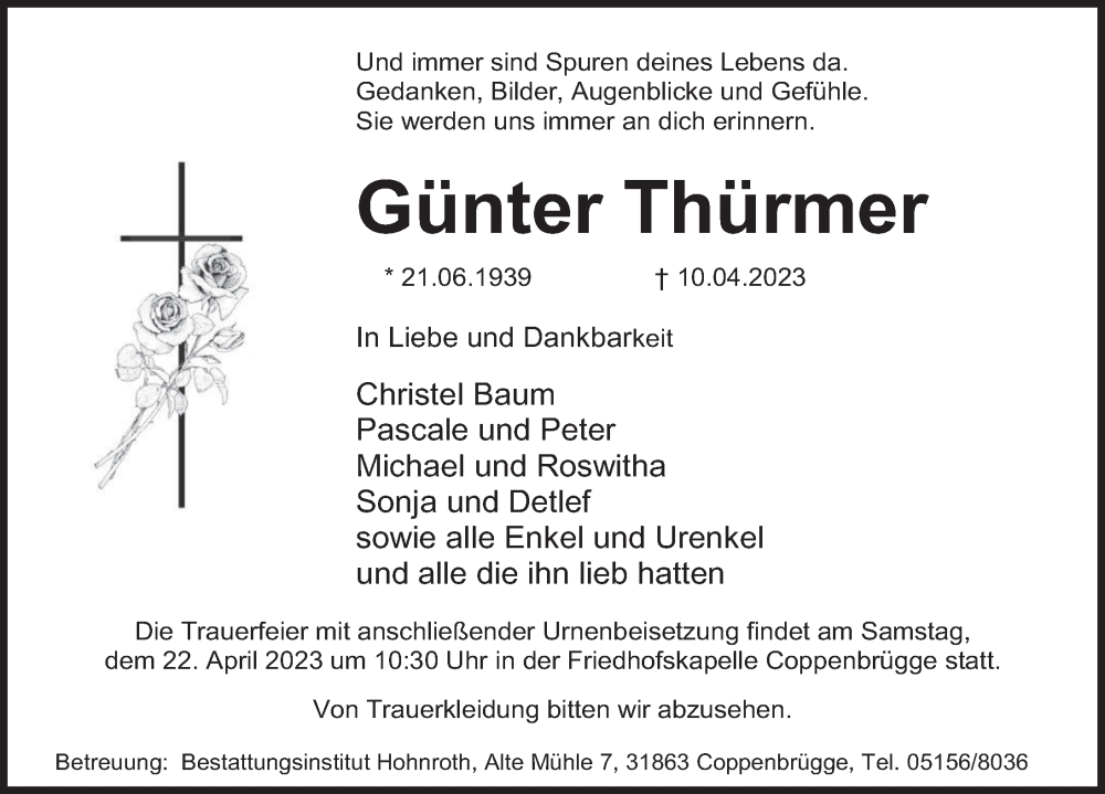  Traueranzeige für Günter Thürmer vom 15.04.2023 aus Deister- und Weserzeitung