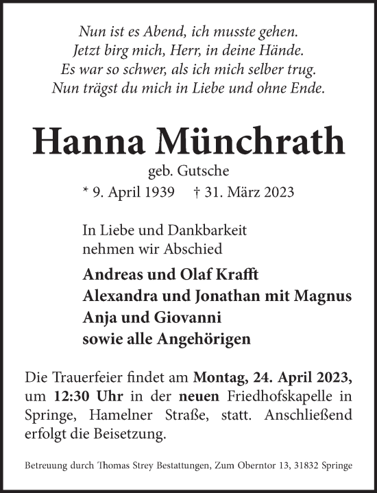 Traueranzeige von Hanna Münchrath von Neue Deister-Zeitung