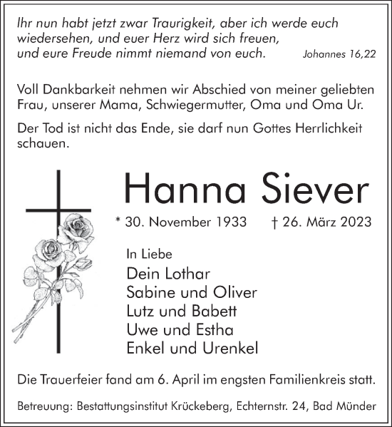 Traueranzeige von Hanna Siever von Neue Deister-Zeitung