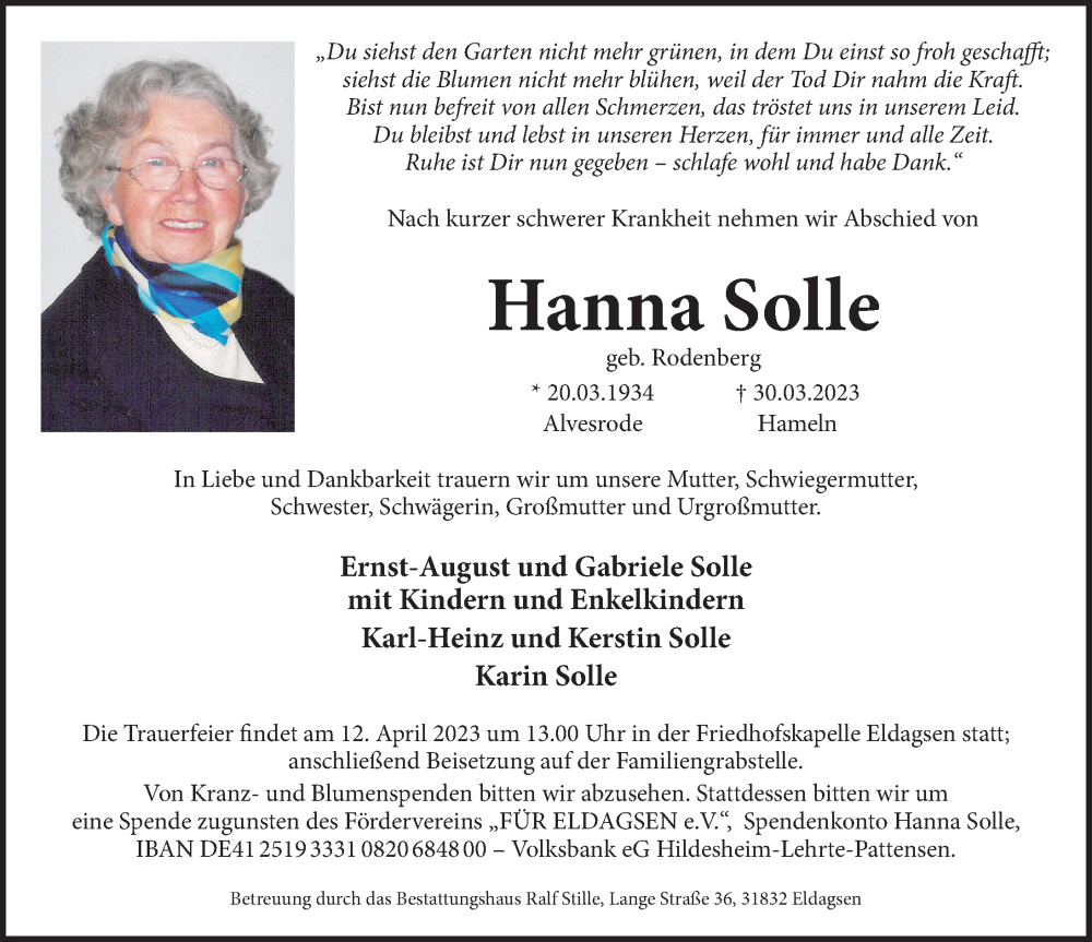  Traueranzeige für Hanna Solle vom 08.04.2023 aus Neue Deister-Zeitung
