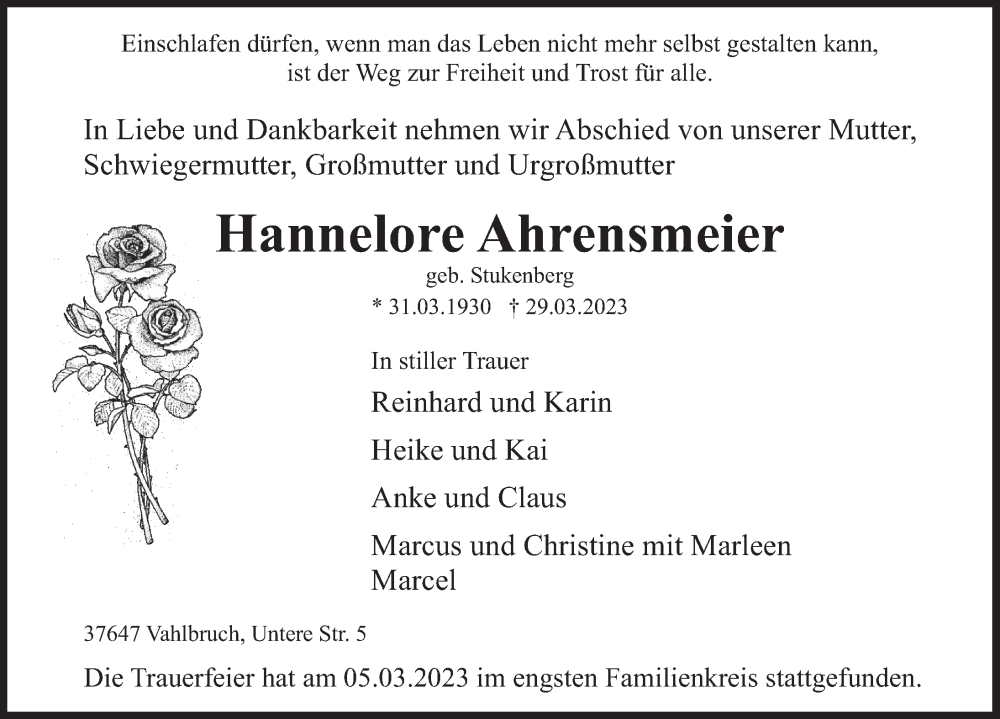 Traueranzeige für Hannelore Ahrensmeier vom 06.04.2023 aus Deister- und Weserzeitung