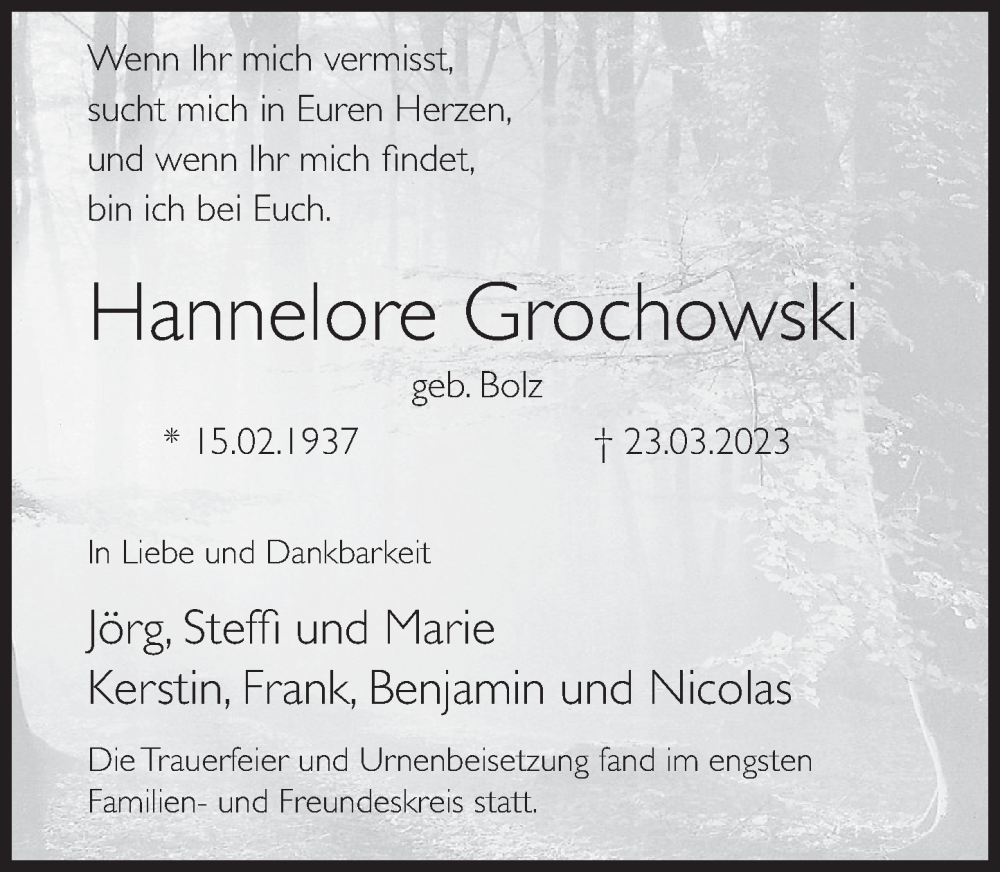  Traueranzeige für Hannelore Grochowski vom 08.04.2023 aus Deister- und Weserzeitung