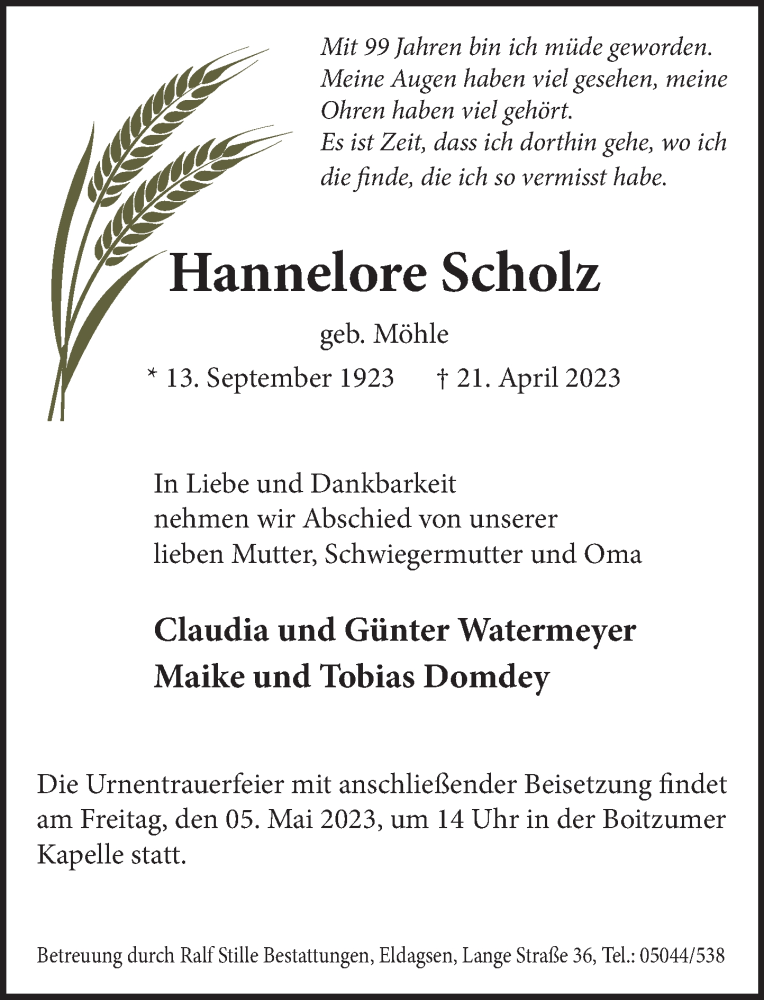  Traueranzeige für Hannelore Scholz vom 29.04.2023 aus Neue Deister-Zeitung