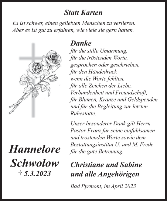 Traueranzeige von Hannelore Schwolow von Deister- und Weserzeitung