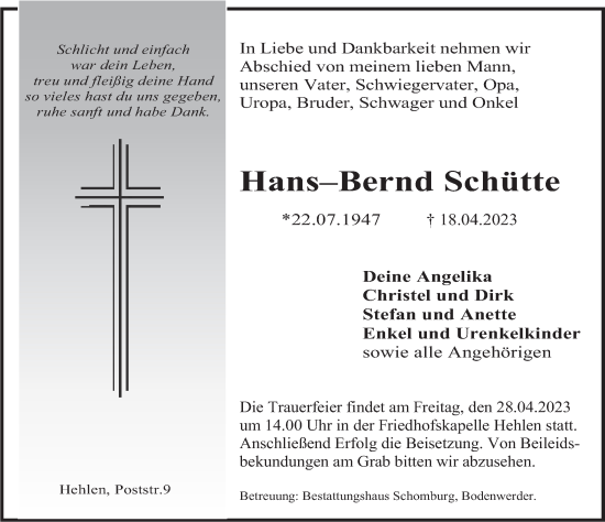 Traueranzeige von Hans-Bernd Schütte von Deister- und Weserzeitung