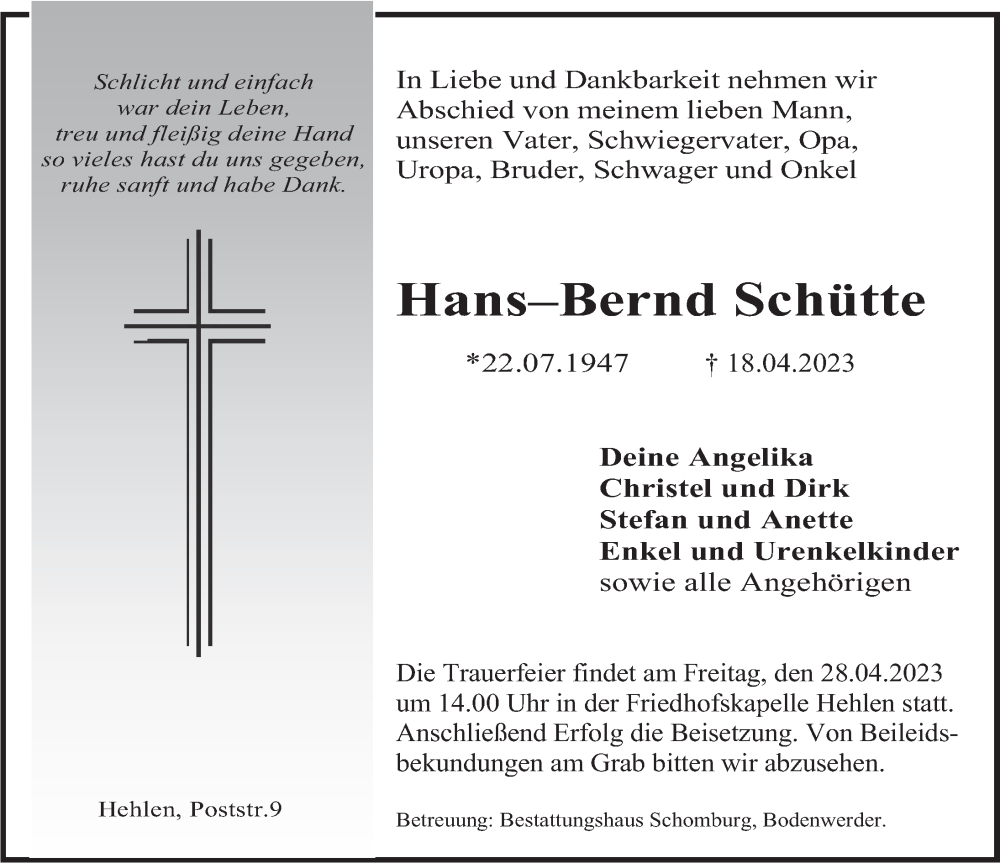  Traueranzeige für Hans-Bernd Schütte vom 22.04.2023 aus Deister- und Weserzeitung
