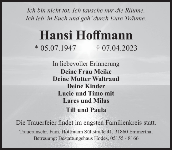Traueranzeige von Hansi Hoffmann von Deister- und Weserzeitung
