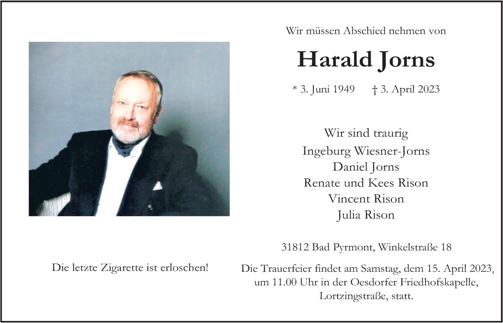  Traueranzeige für Harald Jorns vom 08.04.2023 aus Deister- und Weserzeitung