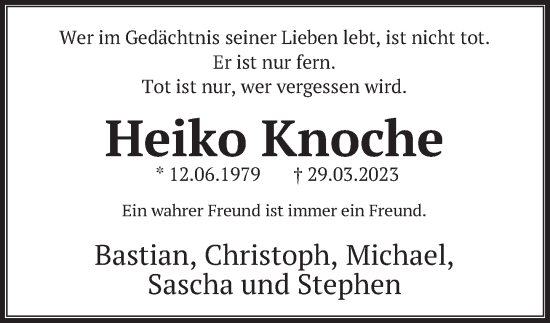 Traueranzeige von Heiko Knoche von Deister- und Weserzeitung