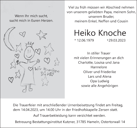 Traueranzeige von Heiko Knoche von Deister- und Weserzeitung