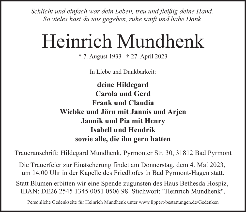  Traueranzeige für Heinrich Mundhenk vom 29.04.2023 aus Deister- und Weserzeitung
