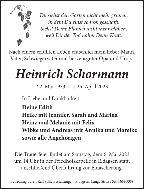 Traueranzeige von Heinrich Schormann von Neue Deister-Zeitung