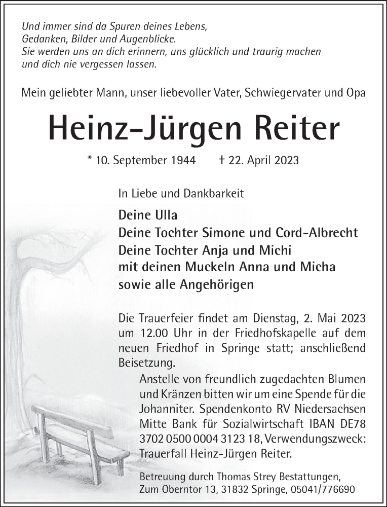  Traueranzeige für Heinz-Jürgen Reiter vom 29.04.2023 aus Neue Deister-Zeitung
