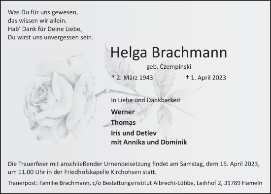 Traueranzeige von Helga Brachmann von Deister- und Weserzeitung