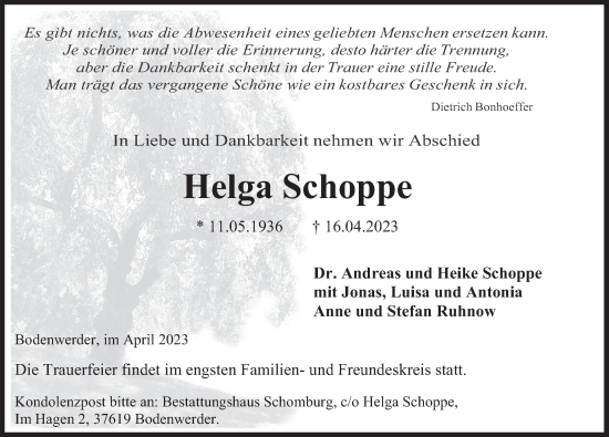 Traueranzeige von Helga Schoppe von Deister- und Weserzeitung