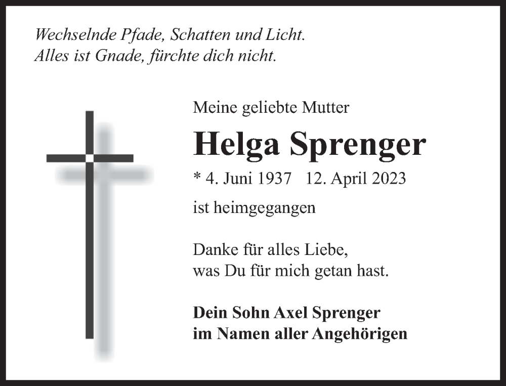  Traueranzeige für Helga Sprenger vom 22.04.2023 aus Deister- und Weserzeitung