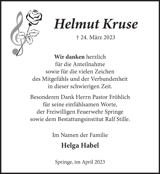 Traueranzeige von Helmut Kruse von Neue Deister-Zeitung