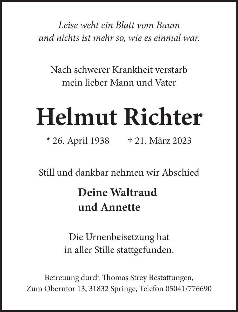 Traueranzeige für Helmut Richter vom 15.04.2023 aus Neue Deister-Zeitung