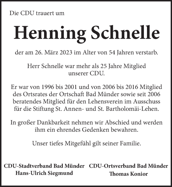 Traueranzeige von Henning Schnelle von Neue Deister-Zeitung